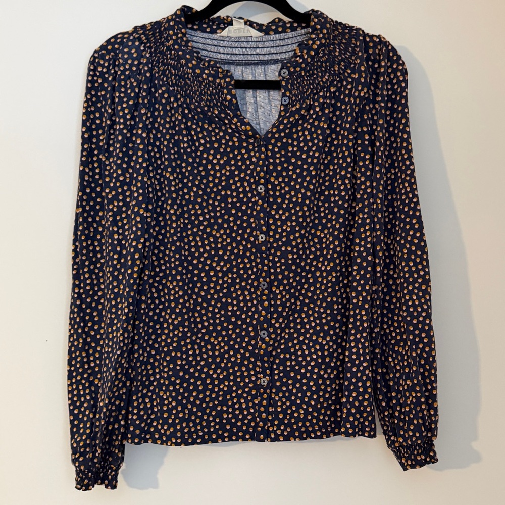 Boden Navy Jersey Blouse with Peach Dot Print